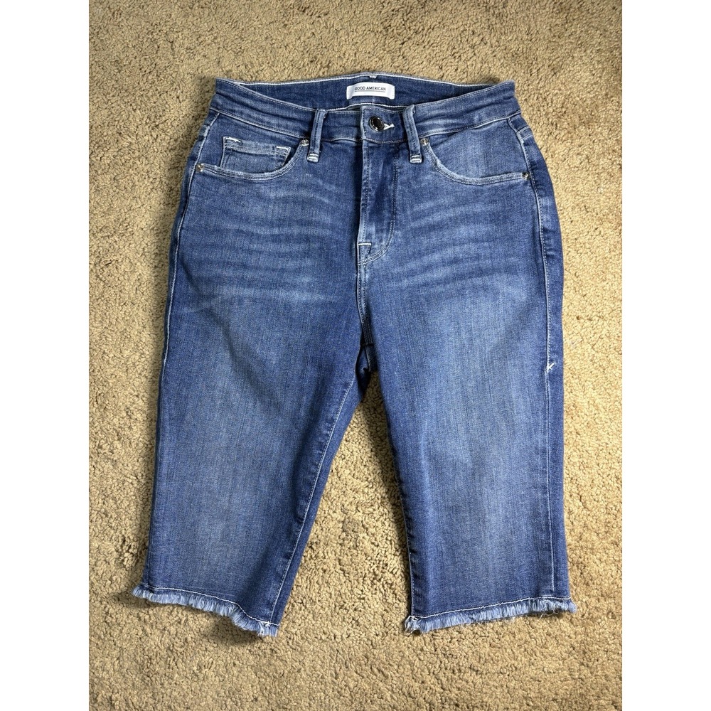 Good American Jean Bermuda Shorts‎ Women 0/25 Raw Hem Medium Blue Denim